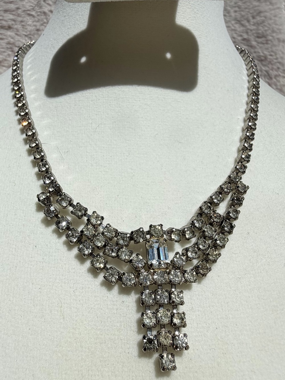 Vintage Silver Tone Tiered Rhinestone Statement Collar Necklace